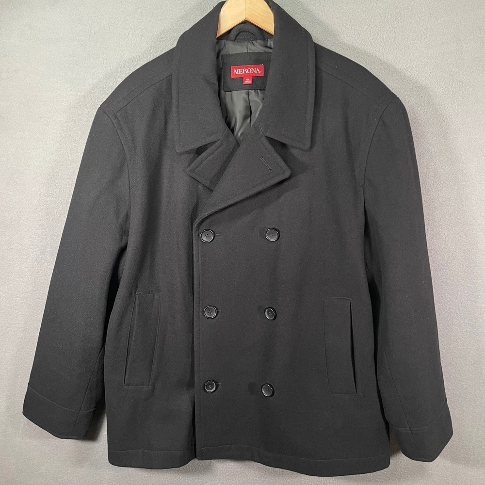 Merona‎ Peacoat Mens XXL Black Wool Blend Double Breasted Jacket